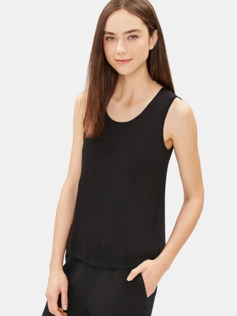 Eileen Fisher System Silk Jersey Short Shell Tank Top Black L